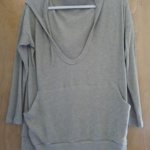 Beige, scoop neck, ribbed top with hood
